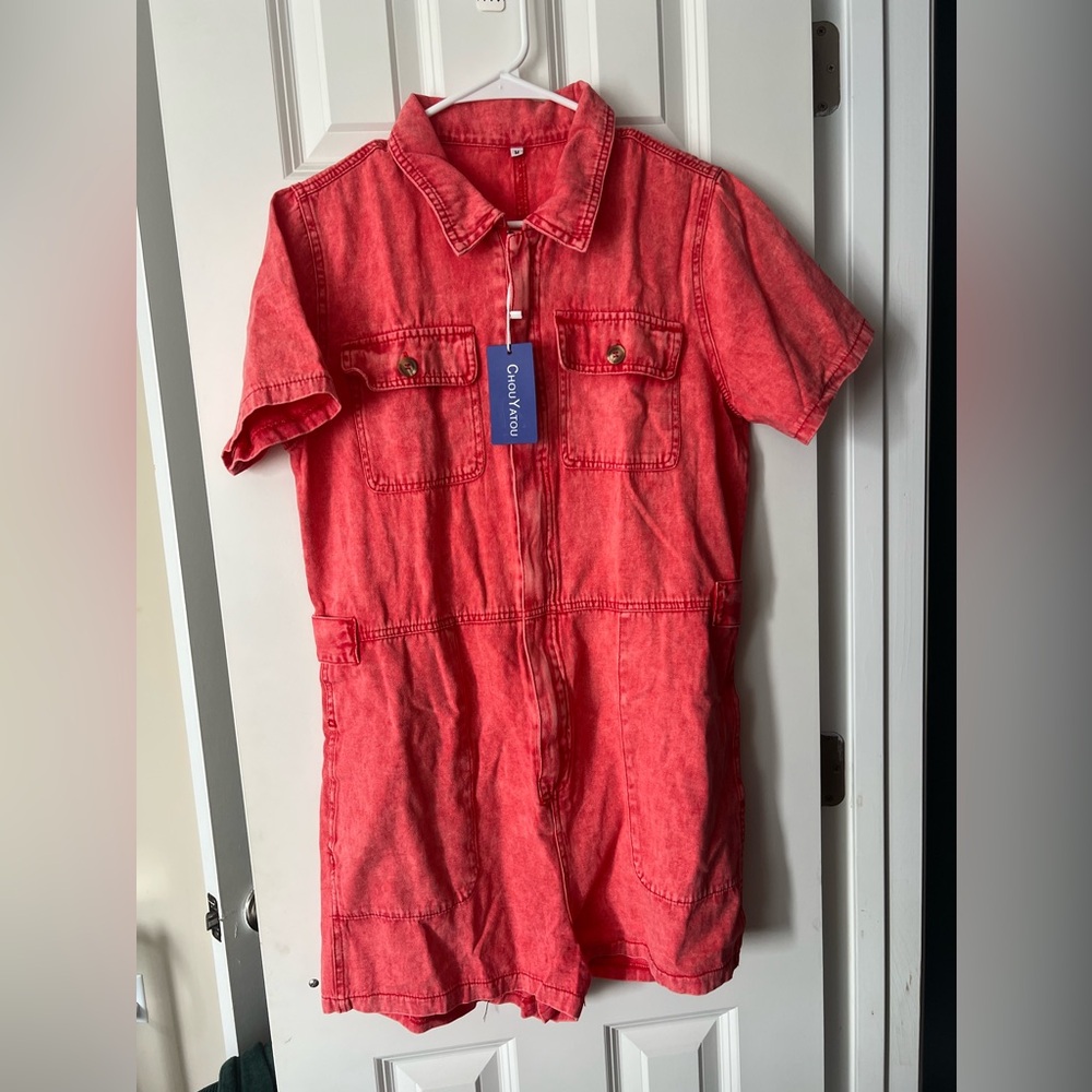 Red Denim Short Sleeve Jumpsuit